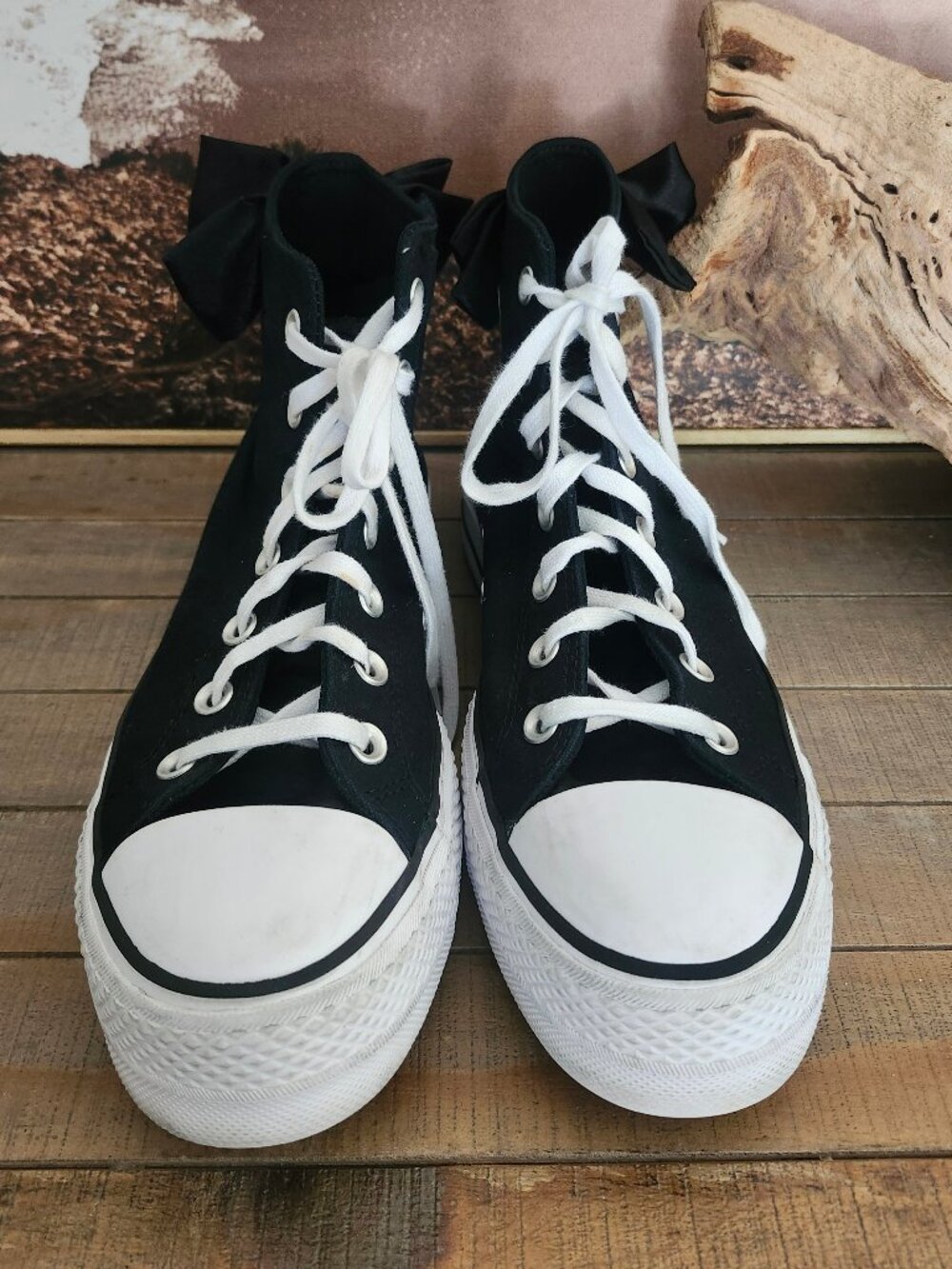 CONVERSE Chuck Taylor All Star Black/White Lift Platform w/Satin Bows 8.5 - Picture 9 of 11